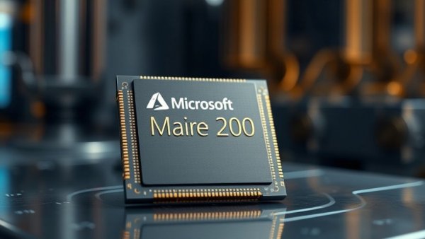 Microsoft Maia 200 AI Accelerator chip on metallic surface.