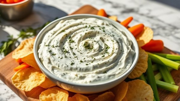 Delicious cottage cheese dip with chips and veggies.