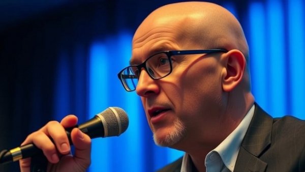 Man discussing strategies during a talk; relevant to Google Gemini ads strategy.