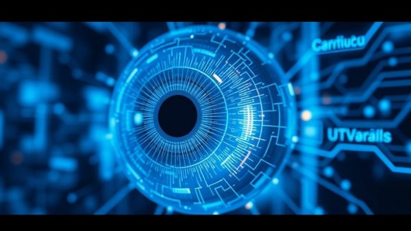 Futuristic digital eyeball glowing with data points and blue light.