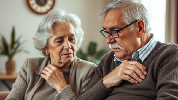 Elderly couple comforting each other, ponder dementia risk and carbs.
