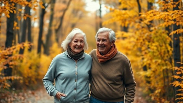Elderly couple enjoying exercise as play in autumn forest