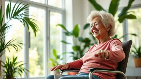 Senior woman doing chair exercises in a bright room, Chair Exercises for Seniors.