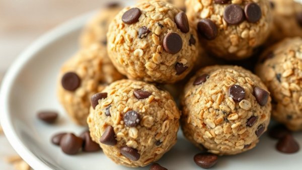 Tasty oatmeal protein balls with chocolate chips on a plate.