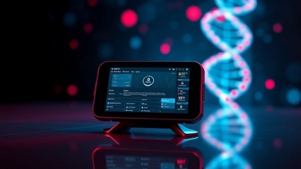 Thermo Fisher advanced device with glowing DNA backdrop.