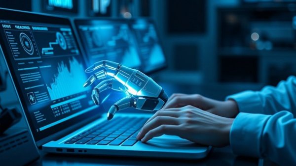 Robotic hand interacting with digital data displays on laptop.