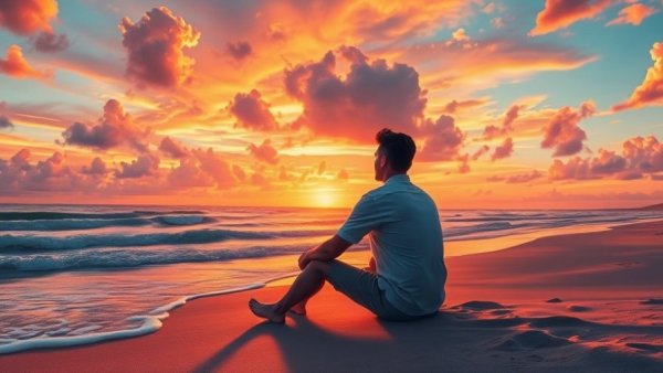 Serene sunset beach, stop catastrophic thinking reflection scene.