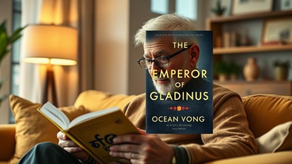 The Emperor of Gladness by Ocean Vuong book and elderly man reading in a cozy setting.