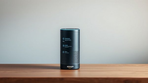 Amazon Alexa Plus displaying features on a wooden surface.