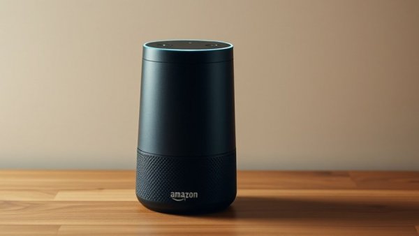 Amazon Alexa device on wooden surface during rollout, minimalist scene.