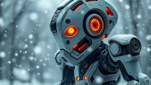 Futuristic robot for automate SOX testing in a snowy setting.