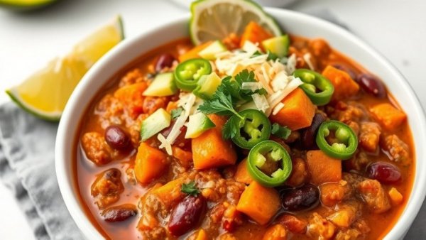 Sweet potato chili with toppings in a white bowl.