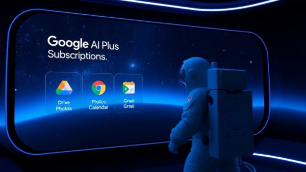 Google AI Plus subscription interface with futuristic design and app icons.