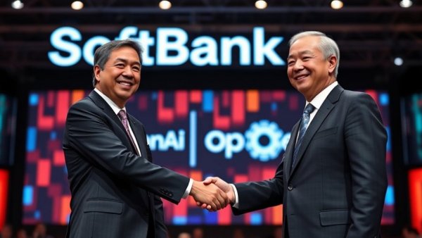 SoftBank investment in OpenAI event with handshake on stage.