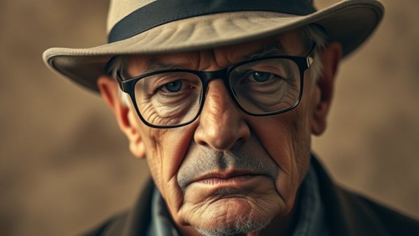 Close-up portrait of an older man in a hat and glasses.