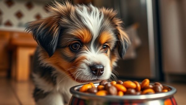 Fluffy dog looking at healthy homemade dog food recipe.