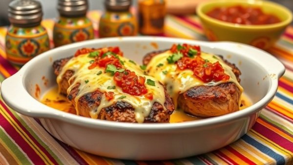 Melted cheese and salsa-covered pork chops in a white dish, vibrant table setting.