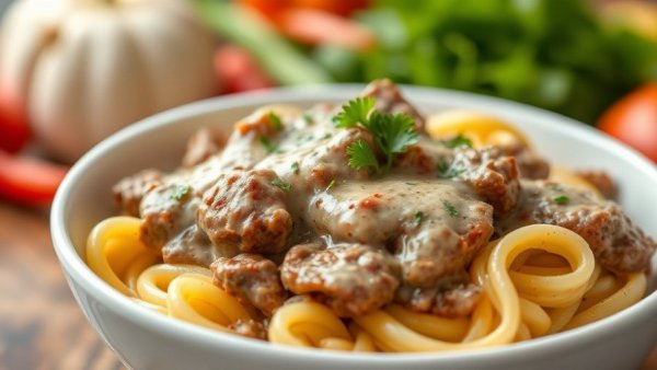 Slow cooker beef stroganoff with creamy sauce over noodles.
