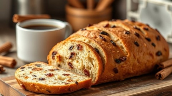 Freshly baked cinnamon raisin artisan bread with coffee.