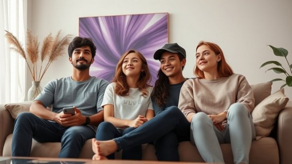 Young people seated on a couch beneath purple art in a living room setting.