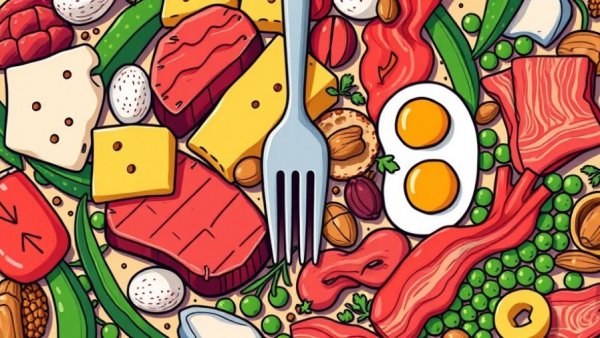 Illustrated foods like meat, cheese, fish, symbolizing protein and appetite control