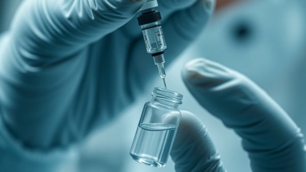 Close-up of syringe drawing liquid from a vial for shingles vaccination.