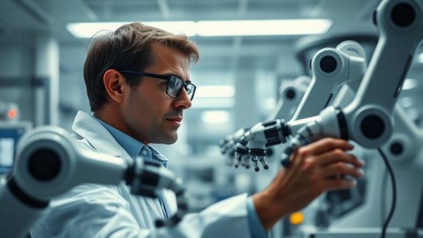 Scientist in self-driving materials lab with robotic arms.
