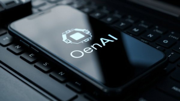 OpenAI logo displayed on a smartphone with keyboard background, AI Adoption in SMEs.