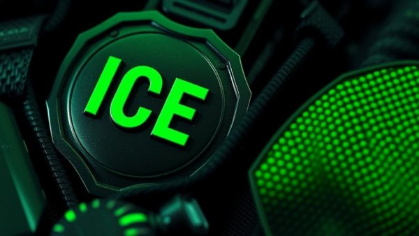 Close-up of ICE badge and equipment, green-tinted.