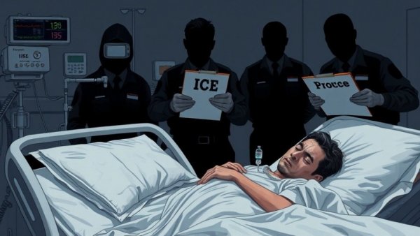 Healthcare access for ICE detainees depicted in a hospital setting.