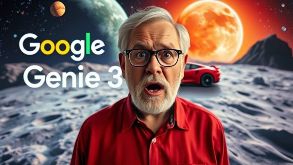 Generative AI and Google GENIE 3 graphic with surprised man.