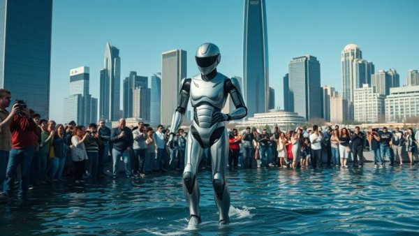 Futuristic Shape Shifting AI Robot walking on water in urban setting.