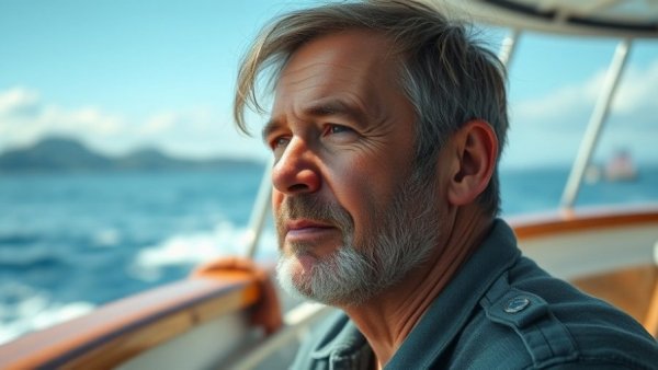 Middle-aged man on boat, serene ocean view.