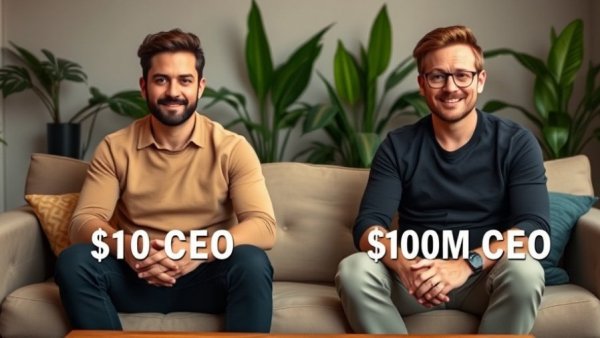 $100 million CEO vs $10 CEO: casual indoor setting with two individuals.