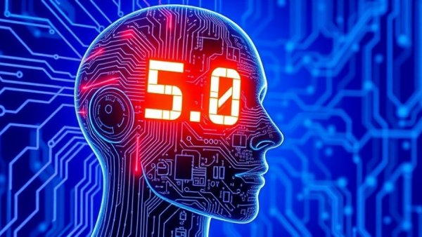 Futuristic humanoid face with circuits and '5.0' text symbolizing tech advancement.
