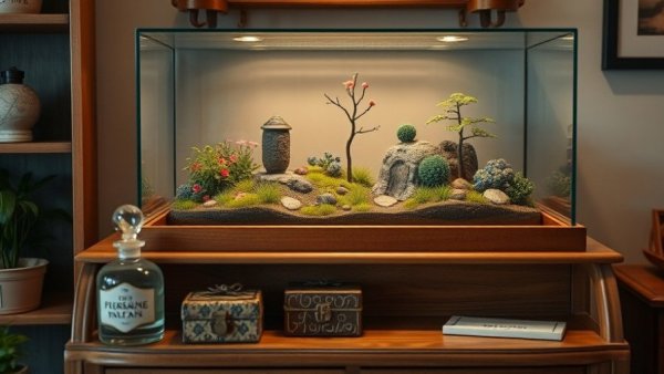 Miniature garden display adding whimsy to a home with decorative items.