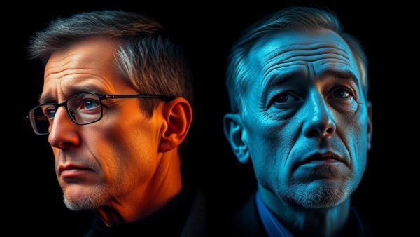 Artistic portrait of two men in contrasting blue and orange filters, AI Talent Wars.