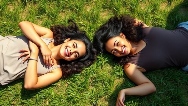 Two friends relaxing on grass, nurturing love with smiles.