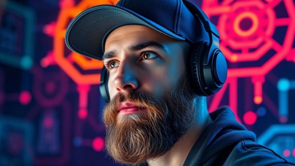 AI News and Trends: Man in AI-themed background with symbols.