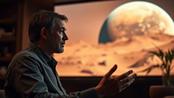 Person presenting on Mars colonization with AI potential.