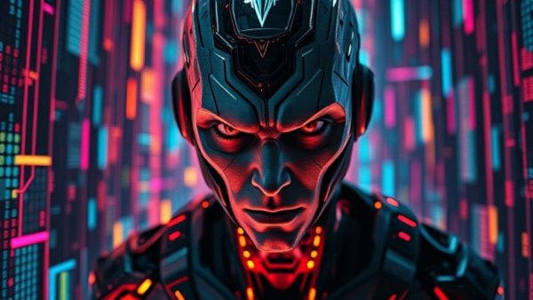 Futuristic AI concept with data streams and humanoid figure.