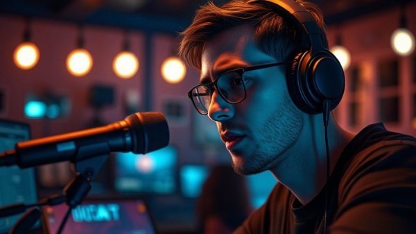 Engaged man with headphones and microphone in tech setting.