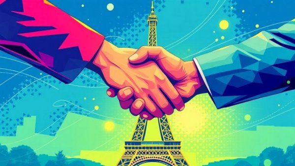 AI Startup Accelerator concept, abstract handshake with Eiffel Tower.