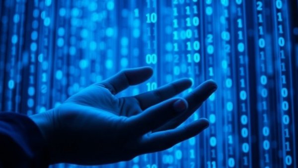 Enterprise Modernization with CodeInsightAI represented by hands holding binary code on blue background.