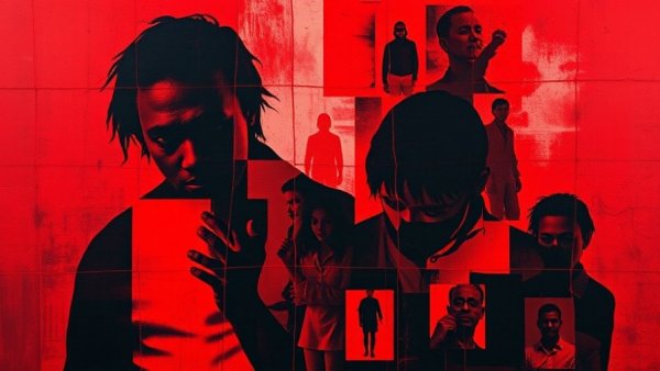 Abstract red and black collage symbolizing crypto-funded human trafficking.