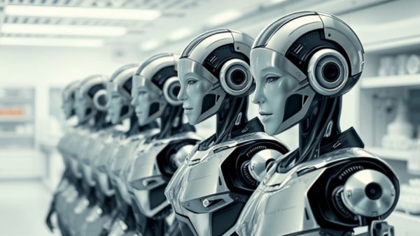 Futuristic robotics lab featuring humanoid robots showcasing agentic AI in India.