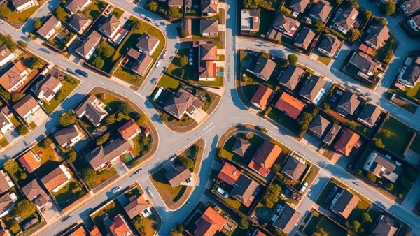 Aerial view of suburban houses in unique geometric pattern, AI in Real Estate.