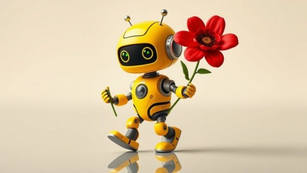 Charming yellow robot with a flower, symbolizing intelligent AI model for enterprises.