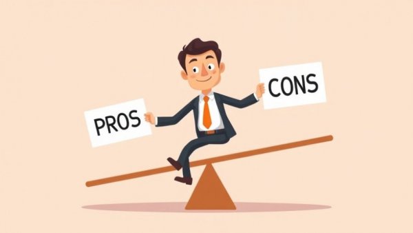 Cartoon businessman balancing pros and cons, evaluating website need in 2026.