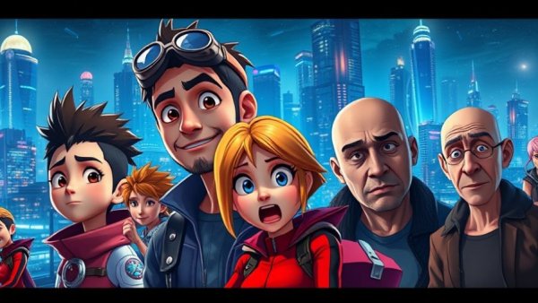 Animated scene showing diverse characters in a futuristic setting highlighting AI technology implications.